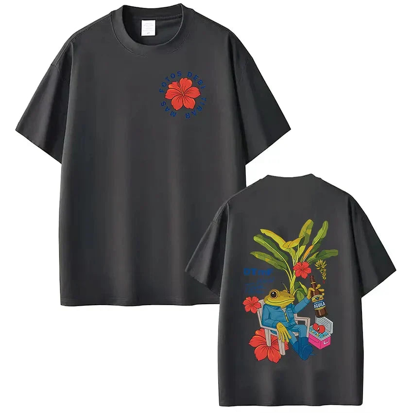 Black short-sleeved rapper bad bunny t-shirt with red hibiscus front and colorful frog beer design on back dtmf world tour vintage hip hop