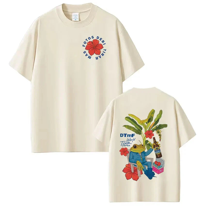 Cream-colored cotton rapper bad bunny t-shirt with vintage hip hop frog graphic back and dtmf world tour front design