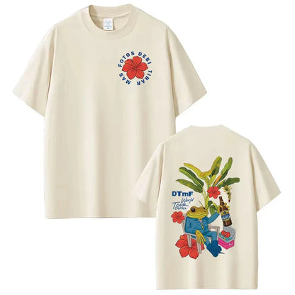 Cream-colored cotton rapper bad bunny t-shirt with vintage hip hop frog graphic back and dtmf world tour front design