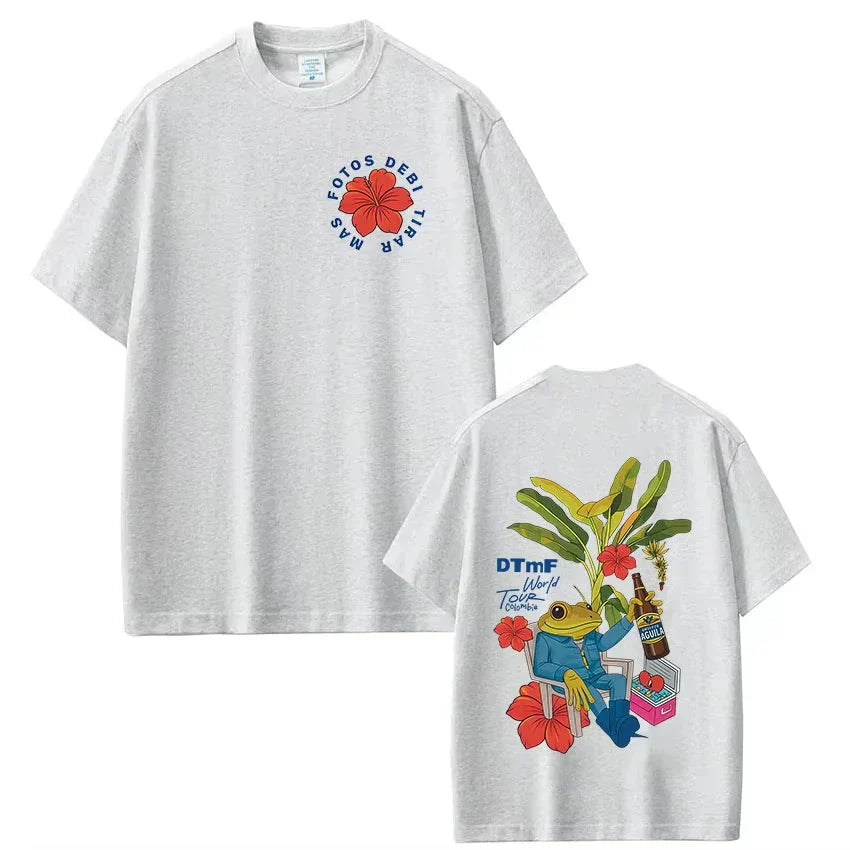 Back of a heather gray short-sleeved dtmf world tour t-shirt with vintage hip hop frog graphic for women fashion vintage