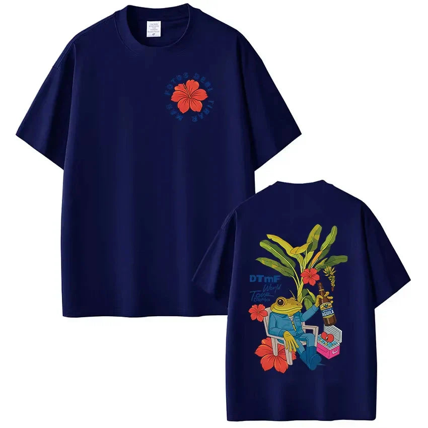 Back of navy blue short-sleeved dtmf world tour t-shirt with orange hibiscus and vintage hip hop frog design for women fashion vintage