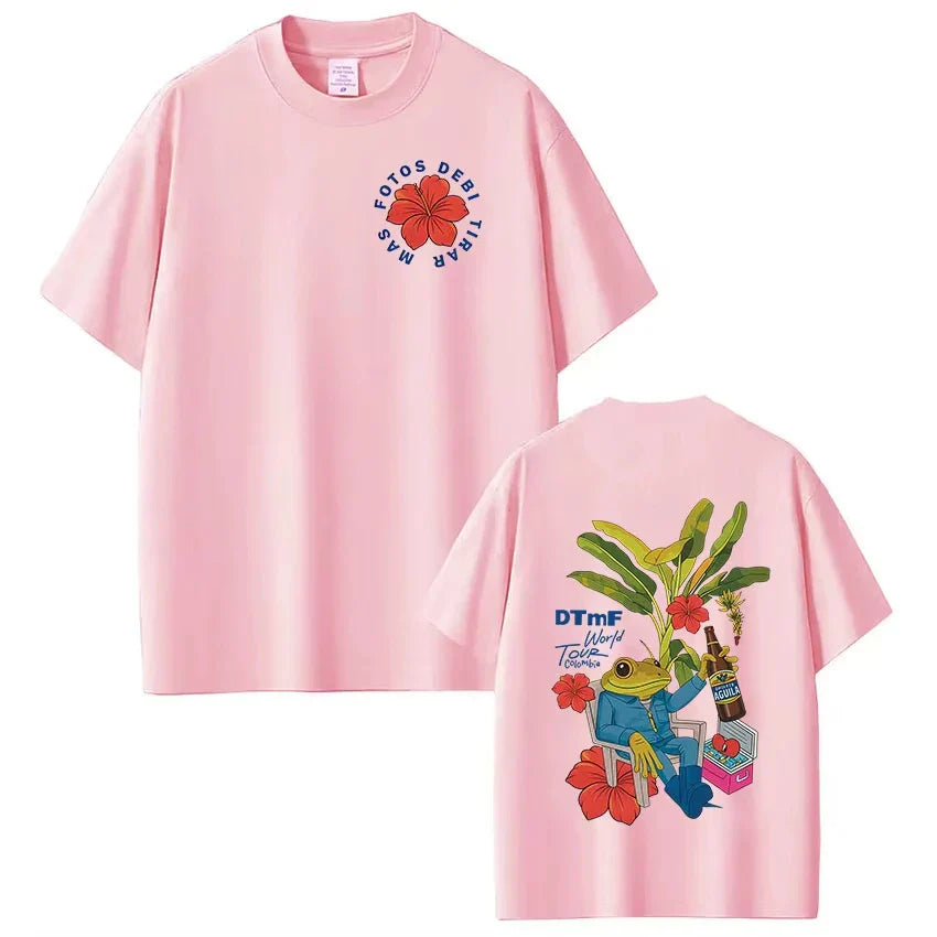 Pink short-sleeved rapper bad bunny t-shirt featuring dtmf world tour graphic on back for women fashion vintage hip hop fans