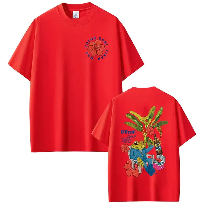 Vibrant red short-sleeved dtmf world tour t-shirt with playful frog graphic on back and floral design on front for women fashion vintage