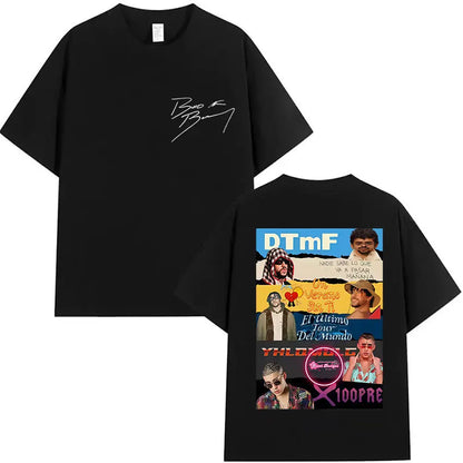 Black cotton unisex t-shirt featuring colorful graphic print of rappers and album titles for hip hop tour merch
