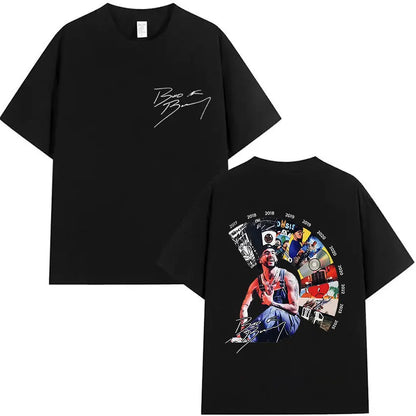 Black oversized cotton t-shirt featuring vibrant Bad Bunny graphic with signature and years on front and white cursive signature on back