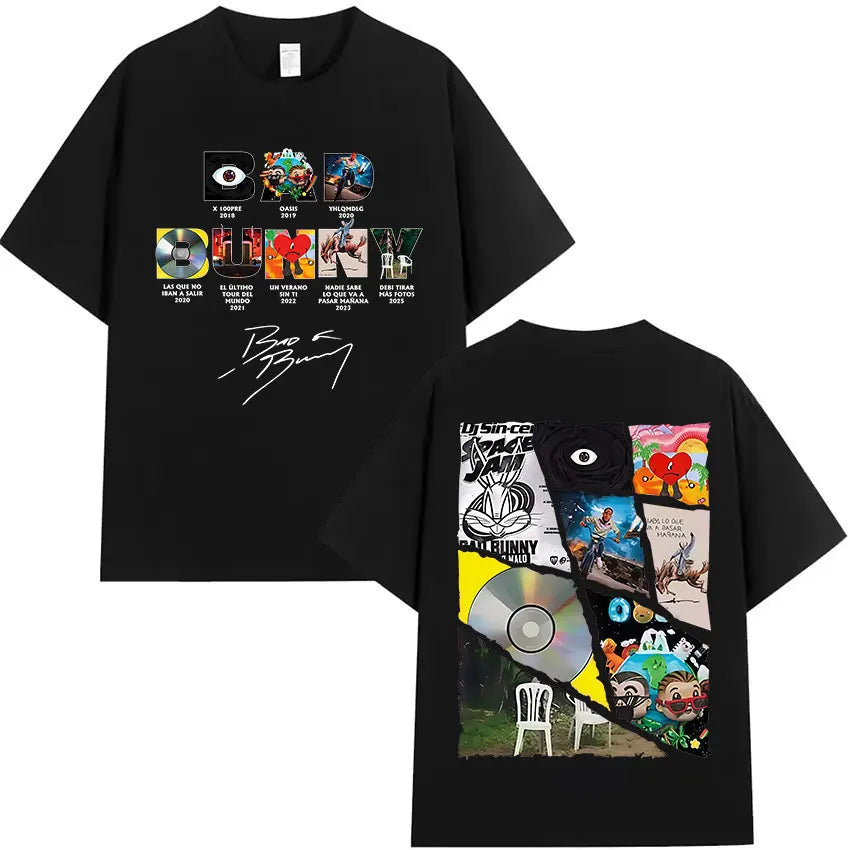 Black cotton unisex t-shirt with vibrant collage album art from bad bunny on front and back for 2025 tour merch