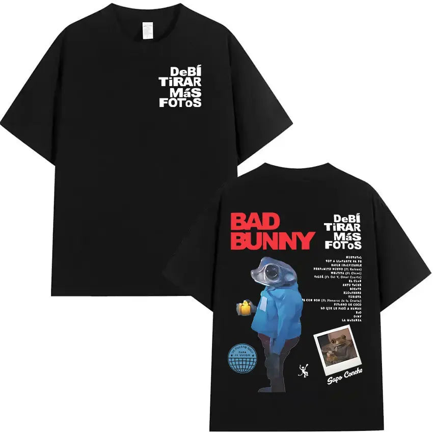 Black oversized cotton t-shirt featuring rapper Bad Bunny graphic in blue with white text from tour 2025 album merch