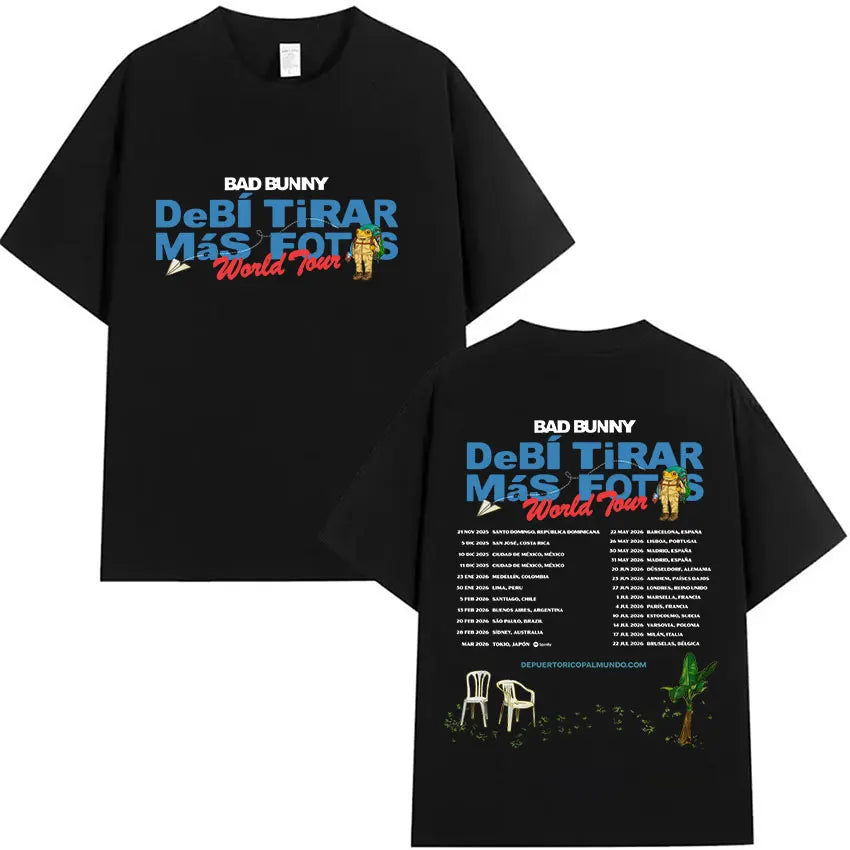 Black cotton unisex oversized t-shirt featuring bad bunny debi tirar mas fotos world tour graphic and back tour dates