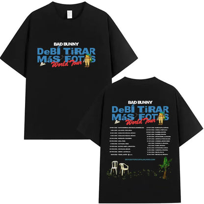 Black cotton unisex oversized t-shirt featuring bad bunny debi tirar mas fotos world tour graphic and back tour dates