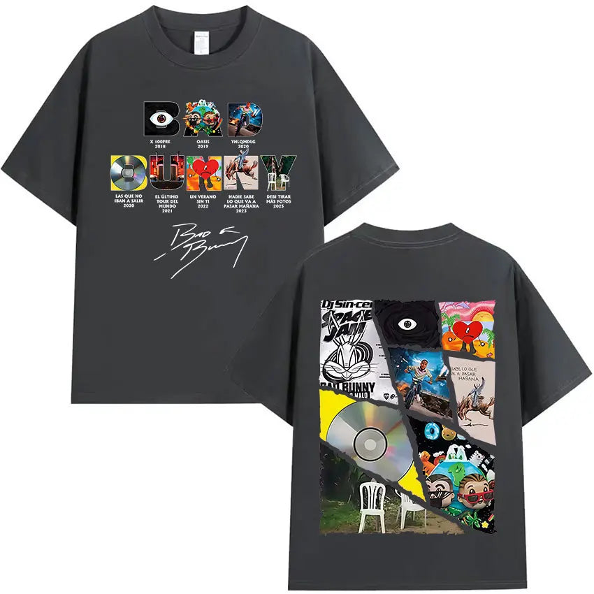 Black oversized cotton t-shirt featuring bad bunny tour 2025 album art collage and DTMF graphics unisex hip hop tee