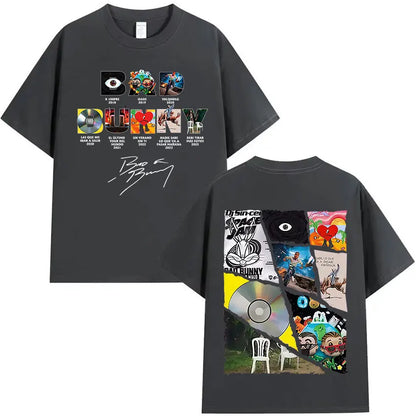 Black oversized cotton t-shirt featuring bad bunny tour 2025 album art collage and DTMF graphics unisex hip hop tee