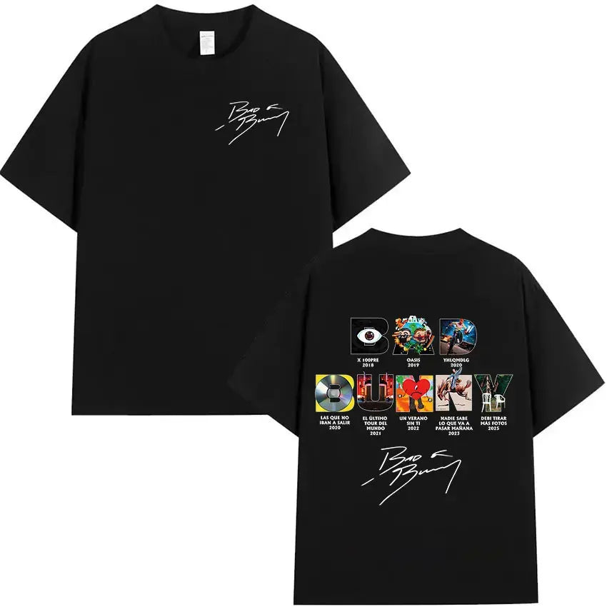 Black short-sleeved cotton t-shirt with white signature front and colorful tour logos on back unisex hip hop merch