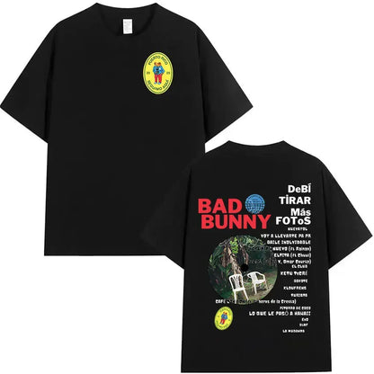 Black cotton short-sleeved t-shirt showing back with bad bunny debi tirar mas fotos album graphic print and cartoon patch front