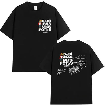 Black unisex oversized cotton t-shirt with white debí tirar más fotos bad bunny graphic and beach scene back print