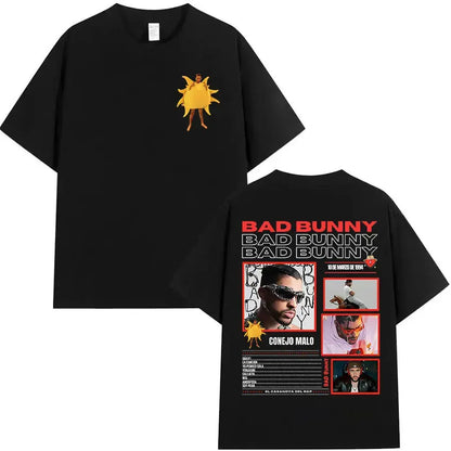 Black short-sleeved cotton t-shirt featuring bad bunny graphic and text from conejo malo album for rapper tour merch