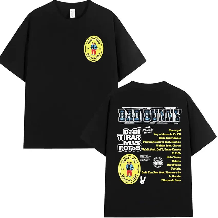 Black short-sleeved cotton t-shirt showing the back with bad bunny graphic album tracklist and yellow circular logos