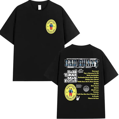 Black short-sleeved cotton t-shirt showing the back with bad bunny graphic album tracklist and yellow circular logos