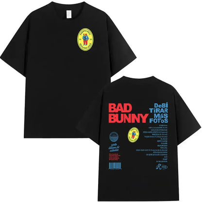 Black cotton unisex oversized t shirt featuring a yellow patch and bold red and blue bad bunny text on the back