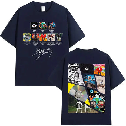 Navy blue oversized cotton t-shirt featuring vibrant album art collage for rapper Bad Bunny tour 2025 merch