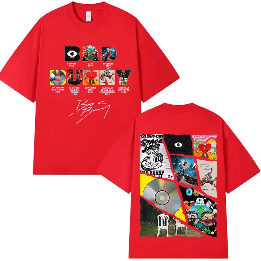 Red short-sleeved unisex cotton t-shirt featuring vibrant bad bunny tour 2025 album art and cd collage design