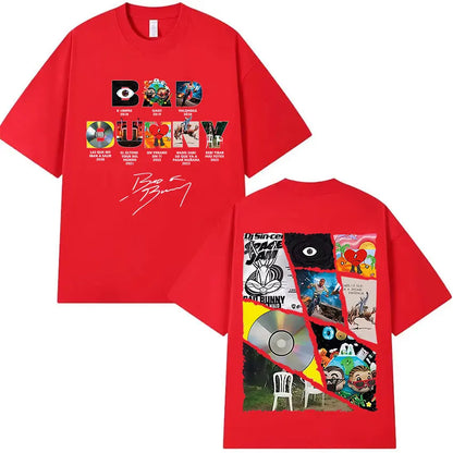 Red short-sleeved unisex cotton t-shirt featuring vibrant bad bunny tour 2025 album art and cd collage design