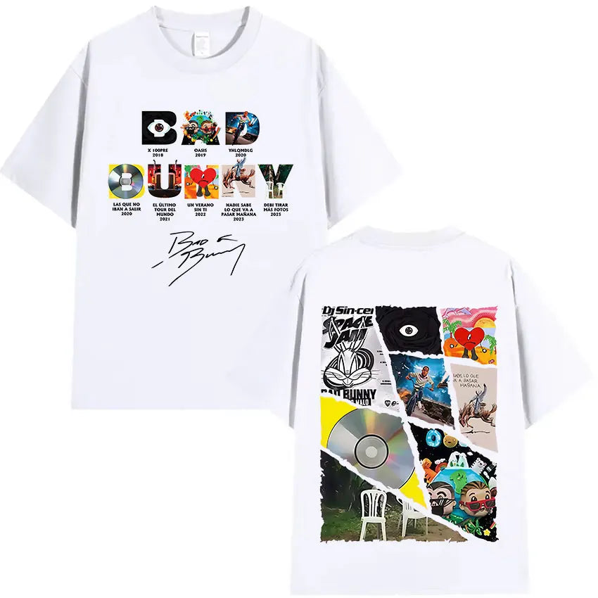 White oversized cotton t-shirt featuring vibrant bad bunny tour 2025 album merch collage graphics unisex hip hop tee
