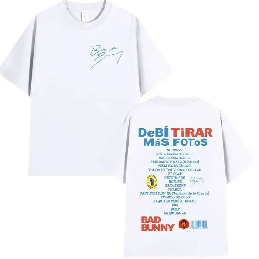 White cotton rapper bad bunny tour 2025 t shirt with minimalist front signature and back tracklist text in blue red and black