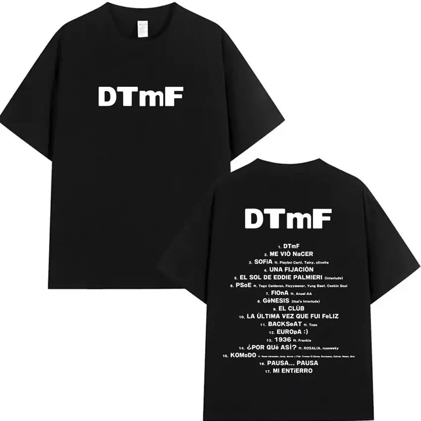 Black cotton rapper bad bunny hip hop oversized t shirt debi tirar with white dtmf logo and back tracklist print