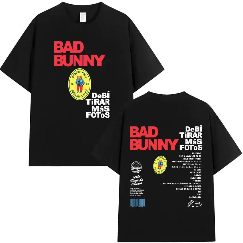 Black short-sleeved cotton rapper bad bunny hip hop oversized shirt debi tirar with bold red text and yellow graphic