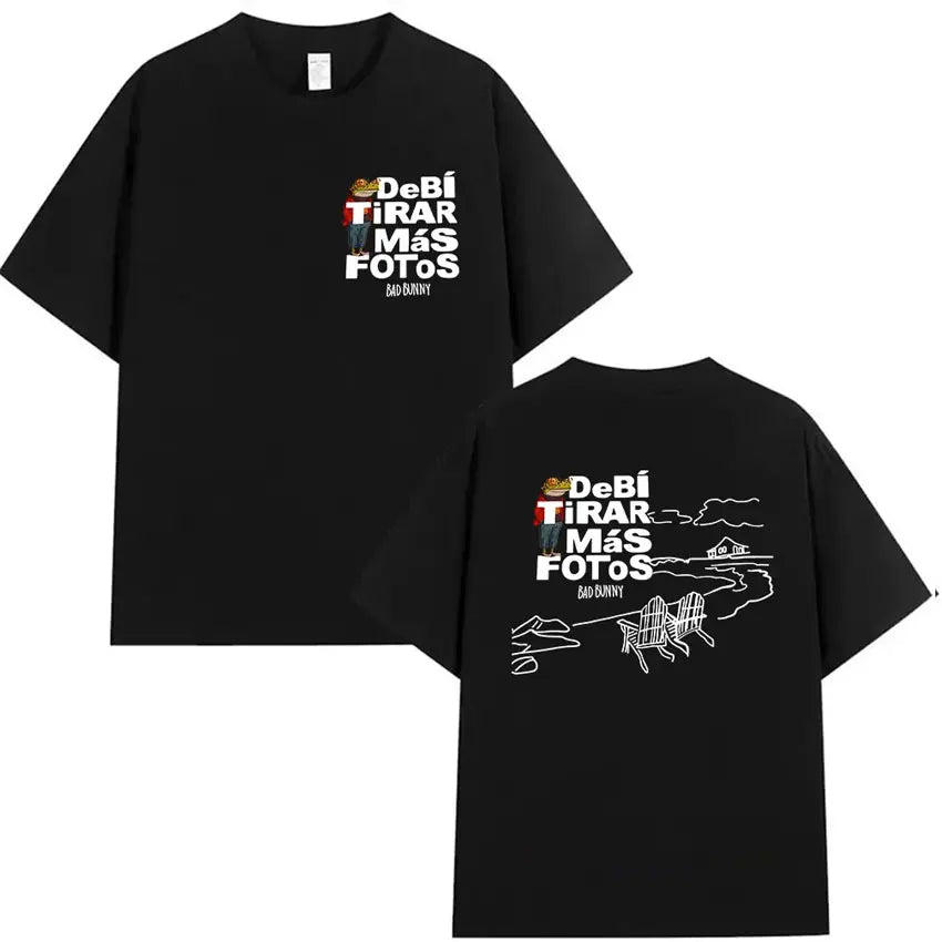 Black short-sleeved cotton rapper bad bunny shirt debi tirar with white graphic print and hip hop oversized fit