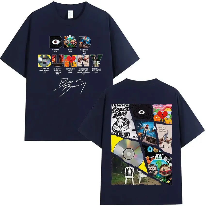 Navy blue oversized cotton t-shirt featuring vibrant rap album art and cd graphics for rapper bad bunny hip hop fans