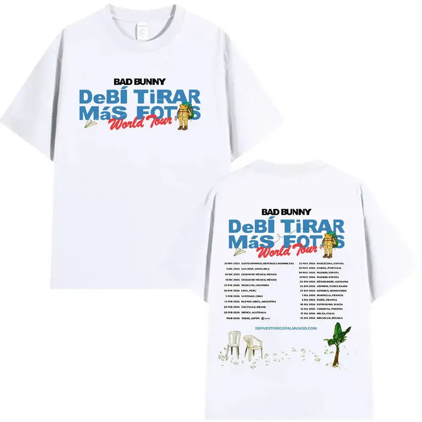 White cotton rapper bad bunny shirt debi tirar featuring hip hop oversized graphic and tour dates on back