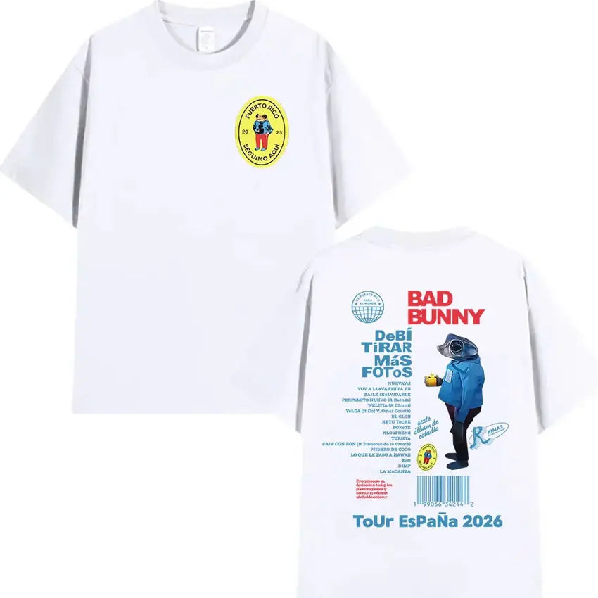 White cotton hip hop oversized shirt debi tirar with puerto rico patch and rapper bad bunny tour 2026 back graphic