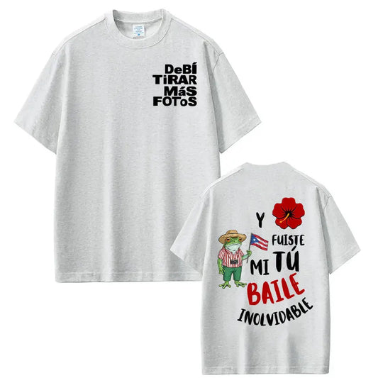 White cotton rapper bad bunny tour 2026 t-shirt with black red graphic prints and cartoon frog holding flag in spanish