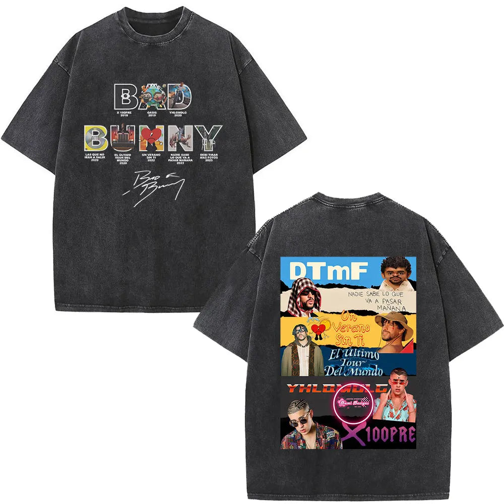 Black oversized rapper bad bunny t-shirt with dtmf world tour graphics front and back fashion hip hop style