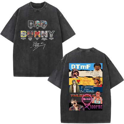 Black oversized rapper bad bunny t-shirt with dtmf world tour graphics front and back fashion hip hop style