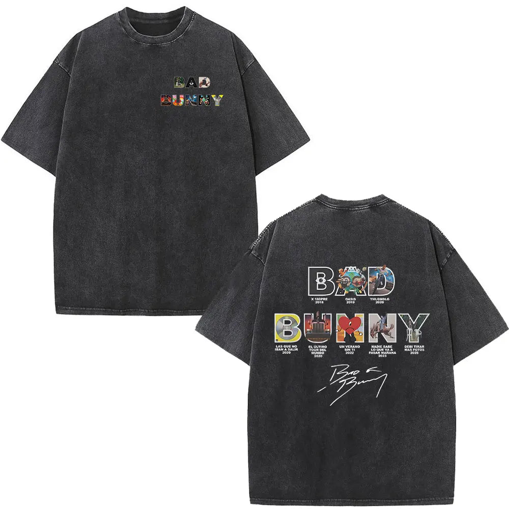 Black distressed cotton t-shirt featuring rapper bad bunny graphic for dtmf world tour 2026 fashion hip hop fans
