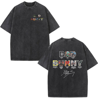 Black distressed cotton rapper Bad Bunny t-shirt featuring graphic letters for DTMF world tour women fashion hip hop