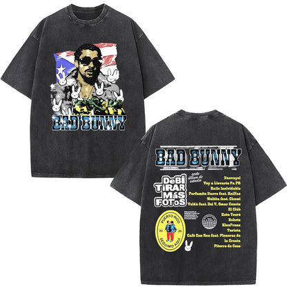 Black oversized rapper bad bunny t-shirt with graphic print and dtmf world tour 2026 tracklist for fashion hip hop fans