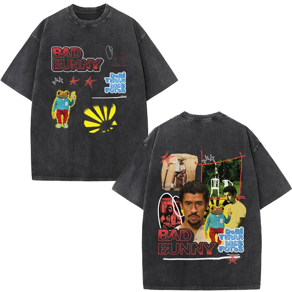 Black oversized rapper bad bunny t-shirt with vibrant graphic prints for dtmf world tour women fashion hip hop