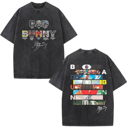 Black distressed cotton t-shirt featuring vibrant multi-colored rapper bad bunny graphic for dtmf world tour women fashion hip