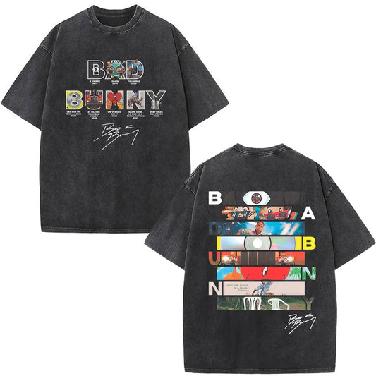 Black distressed cotton t-shirt featuring vibrant multi-colored rapper bad bunny graphic for dtmf world tour women fashion hip