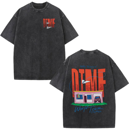 Black oversized rapper bad bunny t-shirt with faded fabric and bold red dtmf world tour graphic for women fashion hip