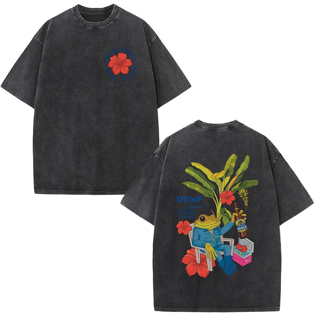 Black oversized rapper bad bunny t-shirt with faded vintage wash and colorful dtmf world tour prints for women fashion hip hop