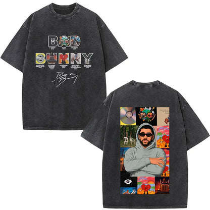 Black oversized rapper bad bunny t-shirt with dtmf world tour 2026 graphic for fashion hip hop streetwear