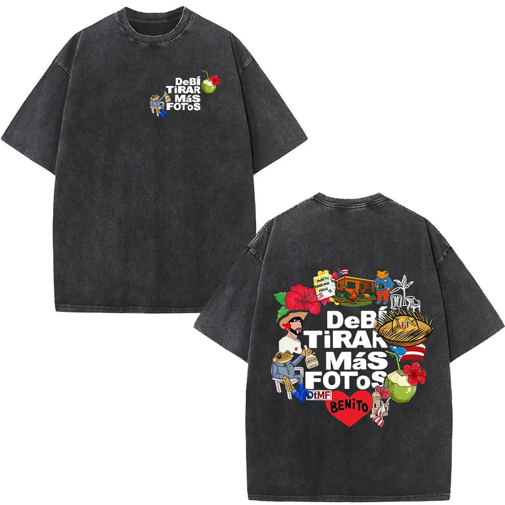 Black oversized rapper bad bunny t-shirt with vibrant tropical dtmf world tour graphic on back for women fashion hip hop