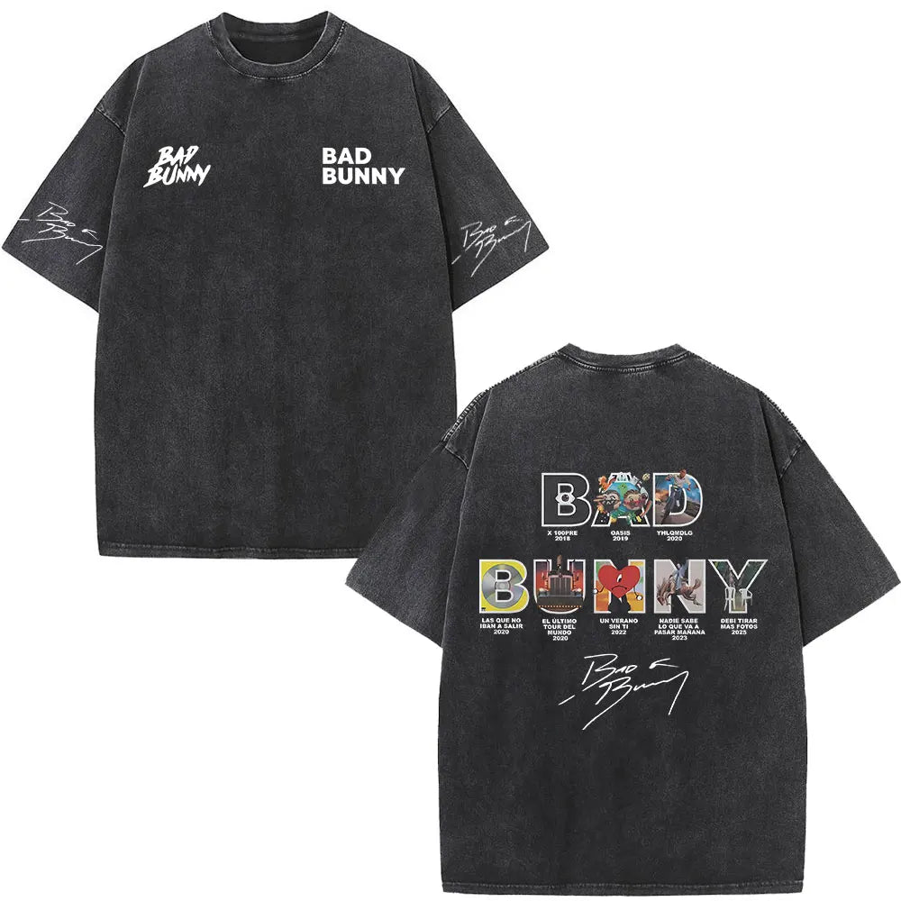 Black oversized t-shirt with rapper bad bunny white lettering and dtmf world tour graphics for women fashion hip hop