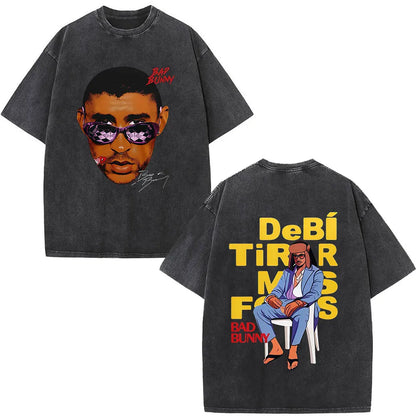 Black oversized rapper bad bunny vintage t-shirt with faded graphic front and bold dtmf world tour text back fashion hip hop
