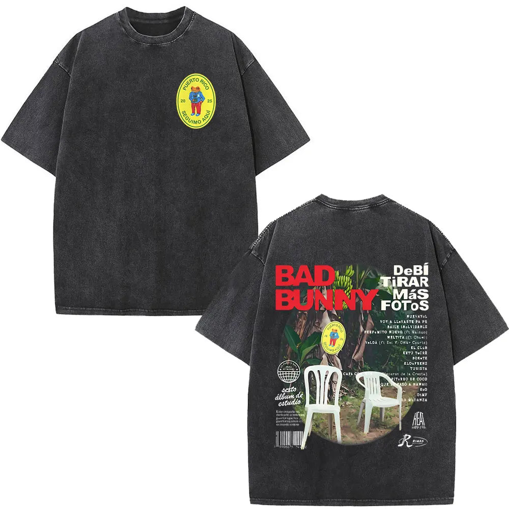 Black distressed cotton t-shirt featuring rapper bad bunny dtmf world tour graphic on back and puerto rico patch front for women fashion hip hop