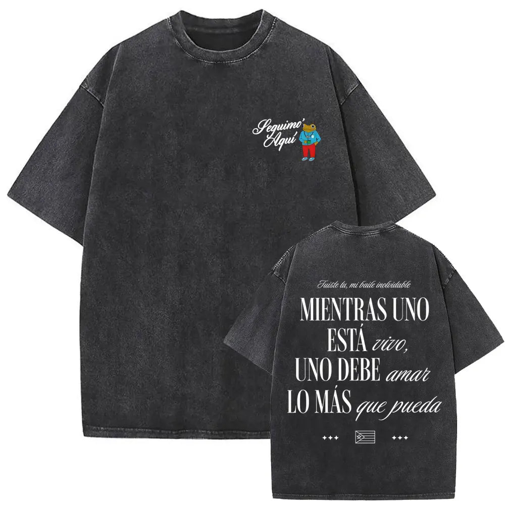 Black oversized cotton t-shirt with faded texture and white text graphics for rapper bad bunny dtmf world tour fashion hip hop